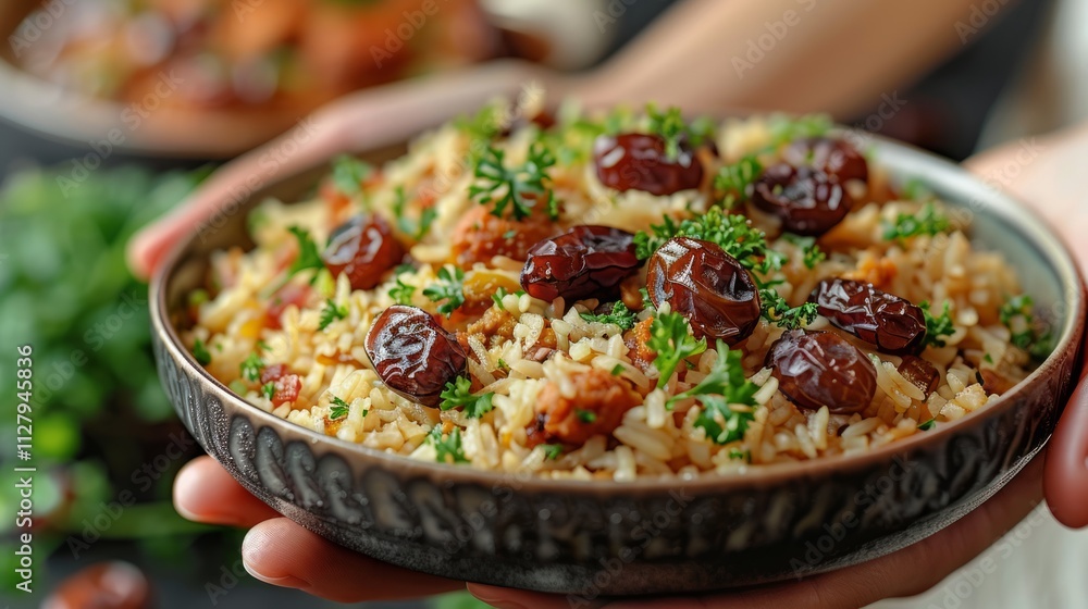 Close-up of hands holding a bowl of delicious rice dish with dried plums and parsley. Close-up of hands holding a bowl of delicious rice dish with dried plums and parsley.