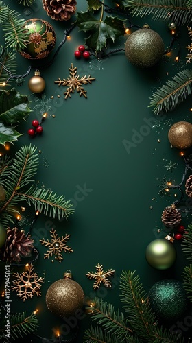 Elegant Christmas border of green and gold ornaments, pine, holly, and fairy lights.