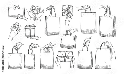 Hand Holding Shopping Bag Handdrawn Collection