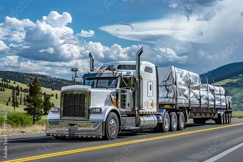 Truck on the highway on blue sky with white cloud background photo