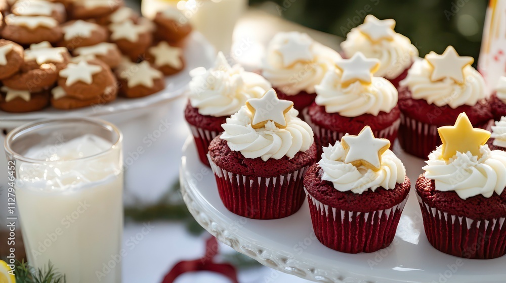 A festive dessert table with red velvet cupcakes, cookies shaped like stars, and lemonade. A festive dessert table with red velvet cupcakes, cookies shaped like stars, and lemonade.