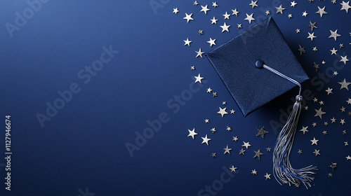 graduation cap and silver stars on a blue background