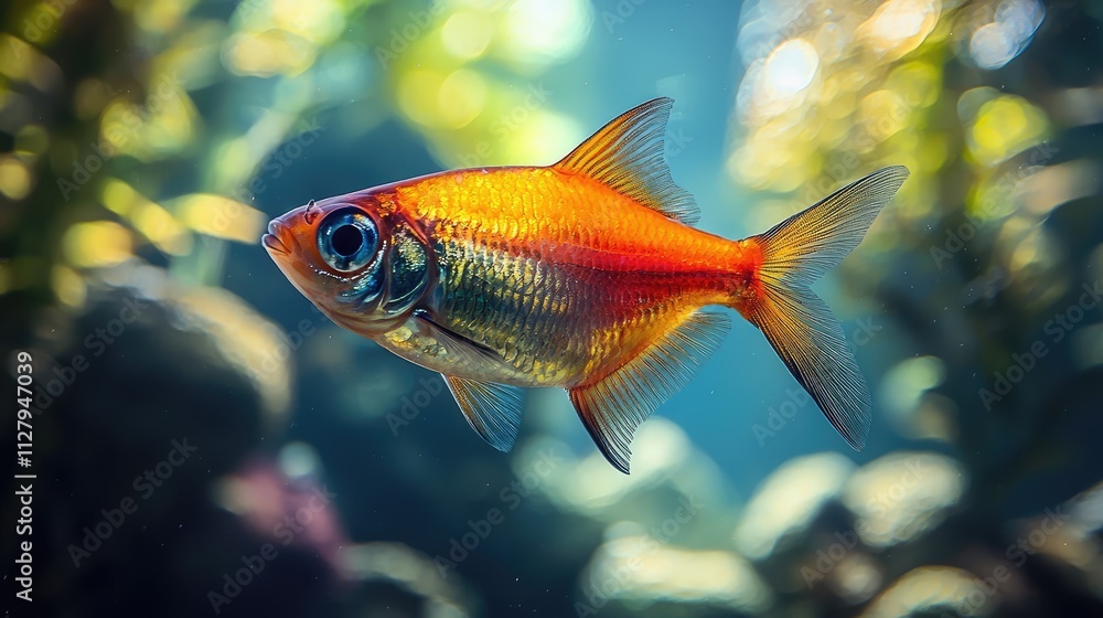 A neon tetra glides effortlessly among the foliage of a freshwater tank, showcasing its striking colors and lively movements amidst underwater greenery A neon tetra glides effortlessly among the foliage of a freshwater tank, showcasing its striking colors and lively movements amidst underwater greenery