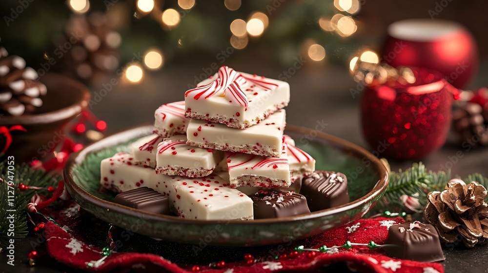 Delicious peppermint bark and assorted Christmas themed chocolates beautifully displayed on a festive red and green tablecloth with ample background space for text or design elements Delicious peppermint bark and assorted Christmas themed chocolates beautifully displayed on a festive red and green tablecloth with ample background space for text or design elements