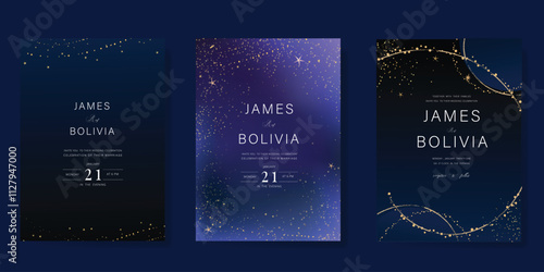 Luxury invitation card design vector set. Elegant wedding card with little star moon sun meteor and space decorative on navy blue background. Design illustration for cover, poster, gala.