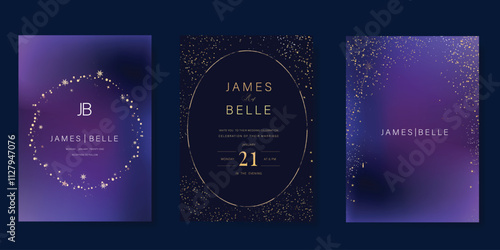 Luxury invitation card design vector set. Elegant wedding card with little star moon sun meteor and space decorative on navy blue background. Design illustration for cover, poster, gala.