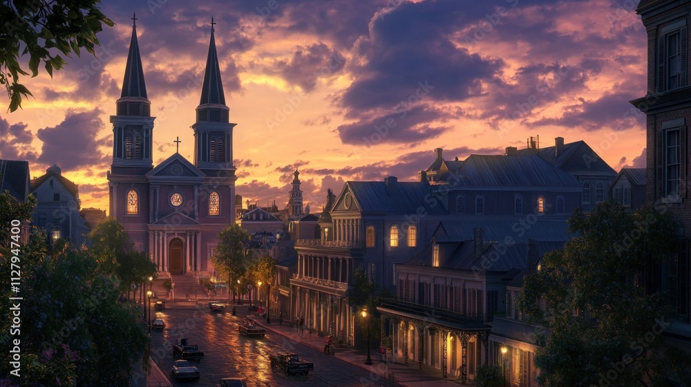 Fototapeta premium Sunset cityscape, church, old buildings, street, twilight.