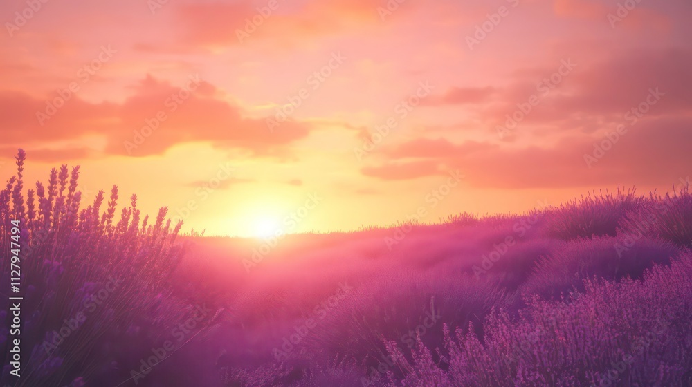 Vibrant sunset over a field of lavender, soft focus. Vibrant sunset over a field of lavender, soft focus.