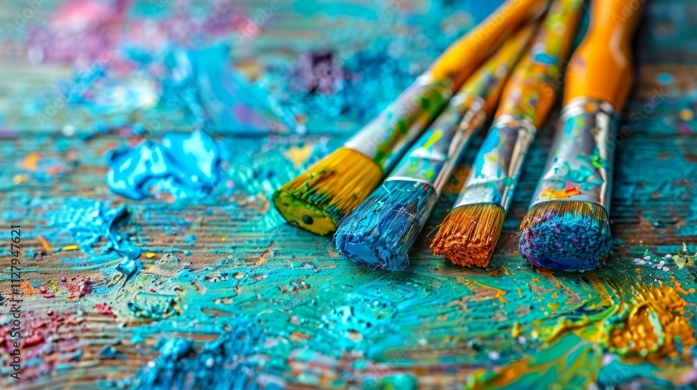 Fototapeta premium Close-up of paintbrushes on a colorful palette.