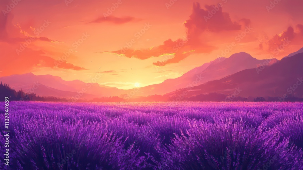 A field of lavender stretching into the distance beneath a pink-orange sunset. A field of lavender stretching into the distance beneath a pink-orange sunset.