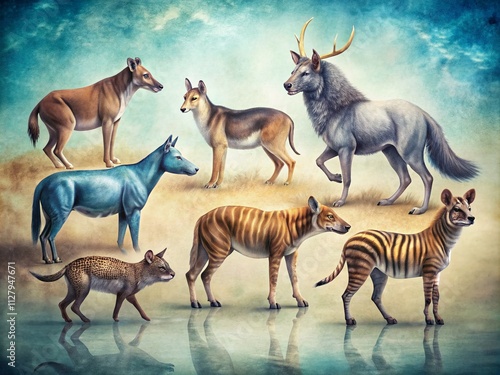 Tilt-Shift Photography of Extinct Mammals and Birds: Tasmanian Wolf, Quagga, Aurochs, Blue Antelope, Steller's Sea Cow in Hand Drawn Vintage Style photo