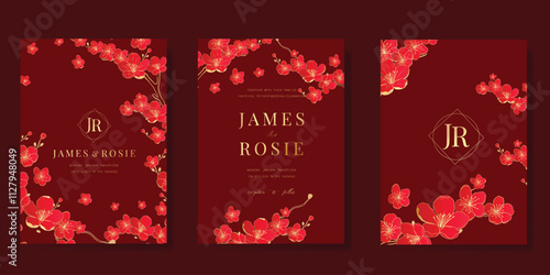 Luxury invitation card design vector set. Elegant wedding card with flower on red background. Design illustration for cover, poster, gala.