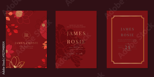 Luxury invitation card design vector set. Elegant wedding card with flower on red background. Design illustration for cover, poster, gala.