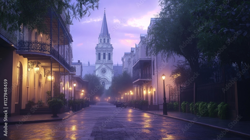 Misty dawn street, church steeple, old buildings. Misty dawn street, church steeple, old buildings.