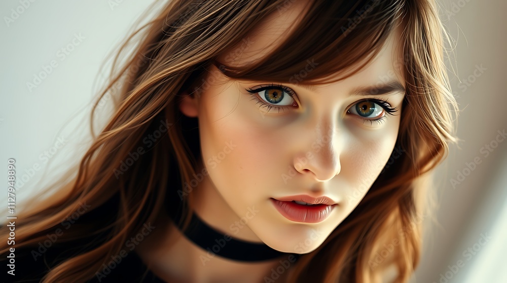 Naklejka premium A close-up portrait of a young woman with soft sunlight casting dramatic shadows on her face, evoking a serene yet intense mood showing subtle expression and natural beauty