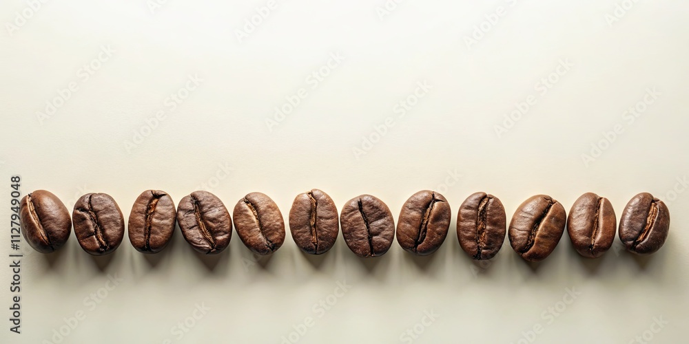 A row of ten roasted coffee beans on a beige surface with ample copy space above