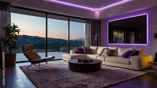 A cozy yet futuristic living room design featuring LED strip lights under the couch and warm purple LED lights along the window frame.