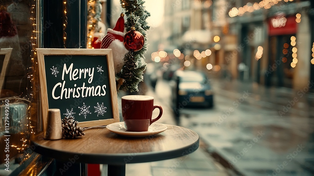 Stylish caf window display featuring Merry Christmas written in frost surrounded by holiday lights and an open background creating a welcoming and festive shopping atmosphere Stylish caf window display featuring Merry Christmas written in frost surrounded by holiday lights and an open background creating a welcoming and festive shopping atmosphere