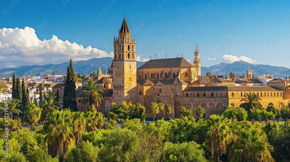 Córdoba Mezquita-Cathedral, sunny, lush, mountains. Córdoba Mezquita-Cathedral, sunny, lush, mountains.
