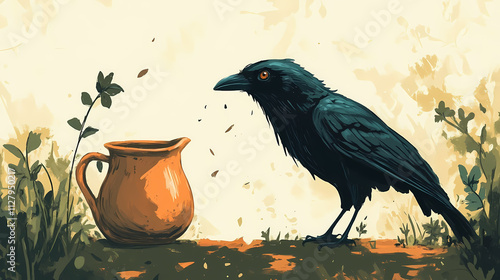 The classic fable the crow and the pitcher, aesop's fable. Fable. Illustration photo