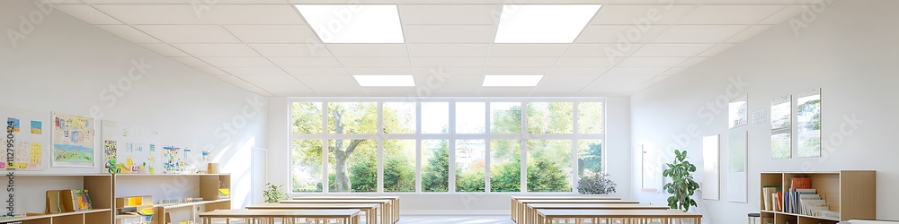 White acoustic ceiling tiles in a minimalist classroom with natural lighting White acoustic ceiling tiles in a minimalist classroom with natural lighting
