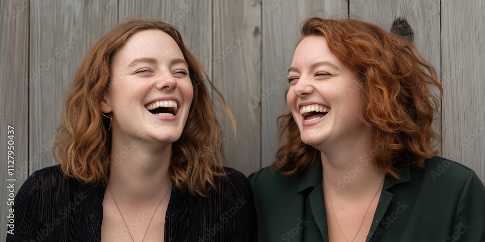 Fototapeta premium Two women share a joyful laugh against a rustic backdrop, capturing the essence of friendship and happiness. Their genuine smiles portray the beauty of companionship and shared moments.