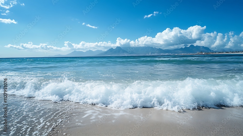 Fototapeta premium Coastal scene with waves on the beach. Concept of relaxation, vacation, and summer.