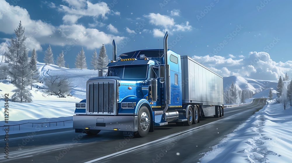 Truck on the highway with snowy mountains in the background Truck on the highway with snowy mountains in the background