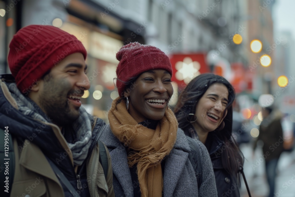 Group of friends having fun in New York City, wearing warm winter clothes. Group of friends having fun in New York City, wearing warm winter clothes.