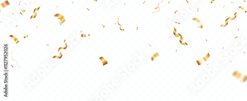 Gold Confetti and ribbons celebration party design element, Falling shiny gold confetti isolated on transparent background