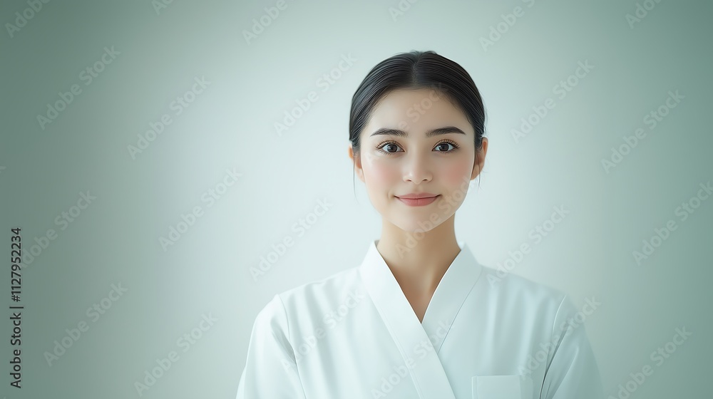 A woman wearing a white nurse uniform, with a slight smile on her face, exuding a calm and caring demeanor. A woman wearing a white nurse uniform, with a slight smile on her face, exuding a calm and caring demeanor.