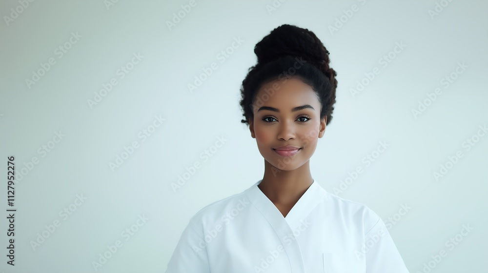 A woman wearing a white nurse uniform, with a slight smile on her face, exuding a calm and caring demeanor. A woman wearing a white nurse uniform, with a slight smile on her face, exuding a calm and caring demeanor.