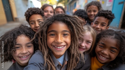 Group selfie of elementary school students taking a group photo at a co-educational school. Students from diverse backgrounds smile and pose happily.