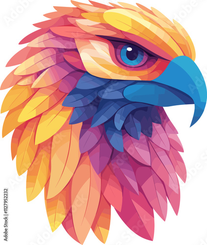 Colorful abstract eagle head made of vibrant feathers cartoon isolated on transparent background. Vector illustration.