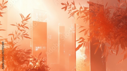 Suspended sci-fi metropolis in radiant golden-pink atmosphere urban landscape digital art futuristic environment aerial view conceptual design for immersive experience