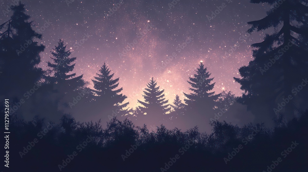 Fototapeta premium Silhouetted pine trees in a mystical forest at night under a starry sky.