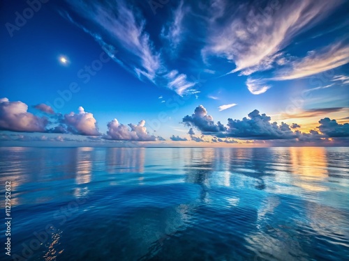 Tranquil Night Photography of an Endless Ocean Under a Soft Blue Sky with Calm Waters and Gentle Clouds, Capturing the Peaceful Beauty of Nature at Dusk photo