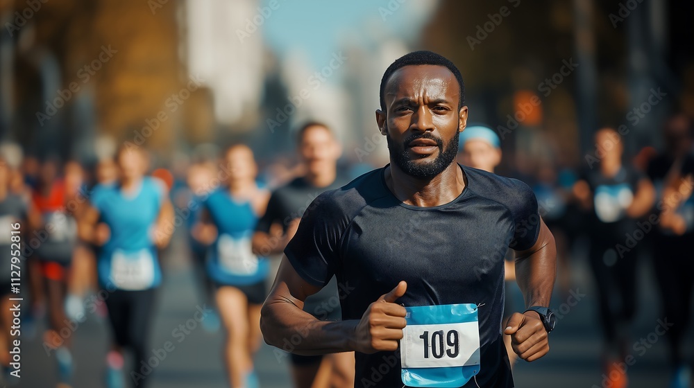 Fototapeta premium A man competing in a marathon race, running with determination and focus. He is dressed in athletic gear, including a race bib, and surrounded by other runners in the background.