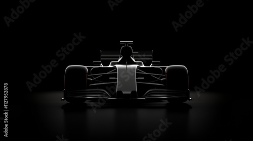 Shadow Racer: A dramatic, low-key silhouette of a Formula 1 race car dominates the frame, poised for action against a stark black background. The image exudes power, speed, and anticipation. 