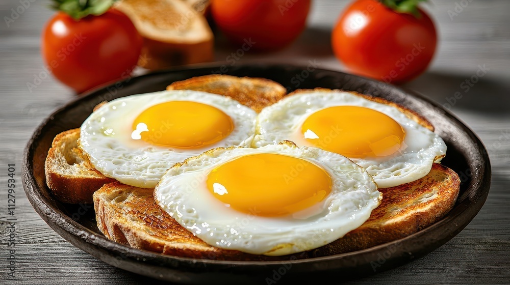 A plate with three sunny-side-up eggs on toasted bread, garnished with fresh tomatoes, showcases a delicious breakfast idea. A plate with three sunny-side-up eggs on toasted bread, garnished with fresh tomatoes, showcases a delicious breakfast idea.
