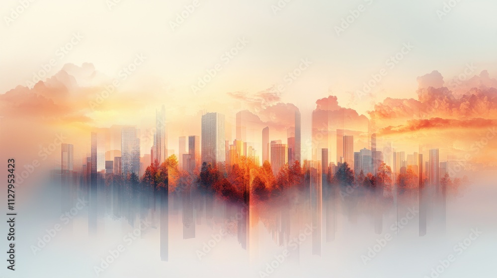 Fototapeta premium Urban dawn neourban skyscrapers against a vibrant orange skyline digital art collection futuristic cityscape aerial view conceptual exploration of modern architecture