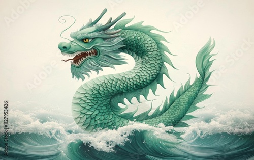 Minimalistic green dragon in waves. New year postcard template , isolated on white background,  , copy space, copy space for text, photo