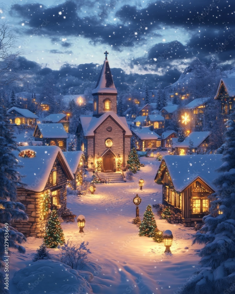 Snowy Christmas Village with Church in Winter Wonderland Snowy Christmas Village with Church in Winter Wonderland