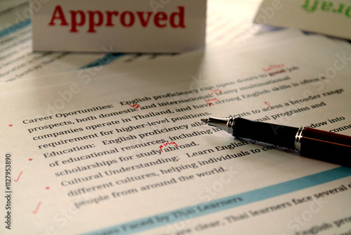 English article being proofread in office