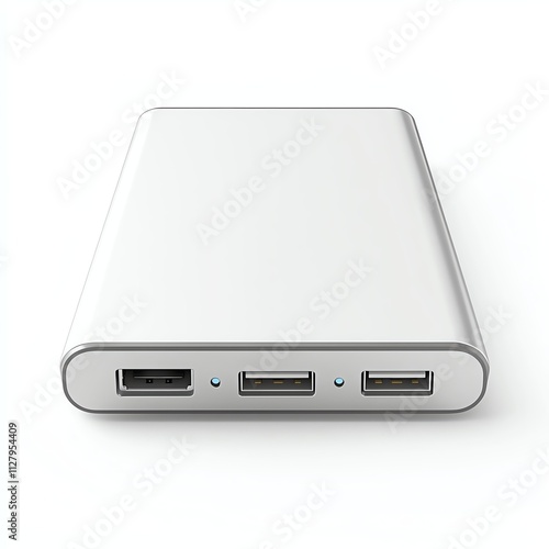 A sleek white power bank featuring multiple USB ports for charging devices on the go.