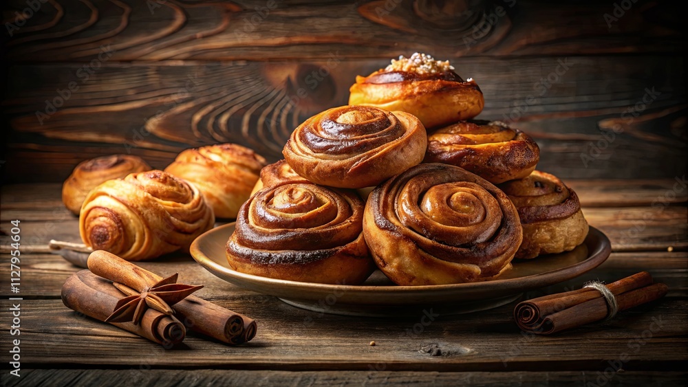A plate of freshly baked cinnamon rolls, arranged in a pyramid shape, sits on a rustic wooden table, alongside sticks of cinnamon and star anise. A plate of freshly baked cinnamon rolls, arranged in a pyramid shape, sits on a rustic wooden table, alongside sticks of cinnamon and star anise.
