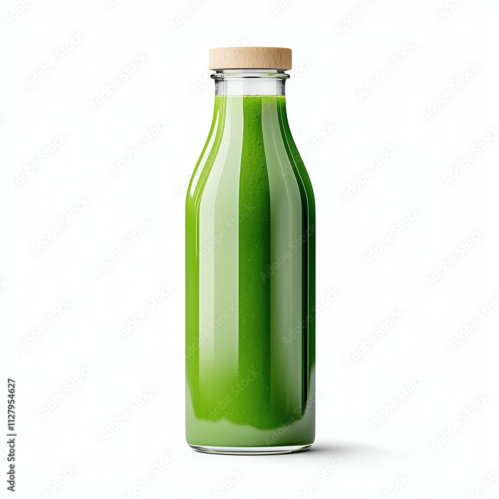 A clear glass bottle filled with vibrant green liquid, topped with a wooden cap, suggesting freshness and health. A clear glass bottle filled with vibrant green liquid, topped with a wooden cap, suggesting freshness and health.