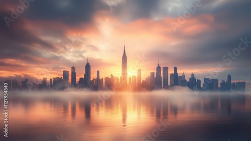 Majestic floating cityscape at sunrise urban landscape serene waterfront misty atmosphere panoramic view enchanting visual experience for dreamers and explorers