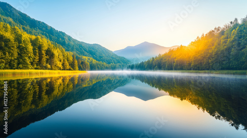 serene lake reflecting mountains and trees at sunrise, creating peaceful atmosphere