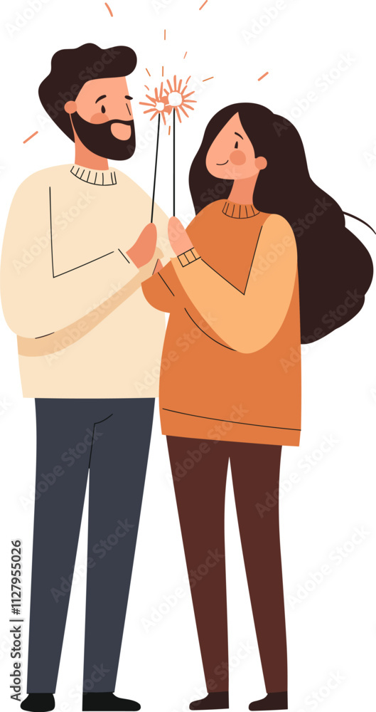 Obraz premium Couple celebrating together with sparklers at a festive event cartoon isolated on transparent background. Vector illustration.